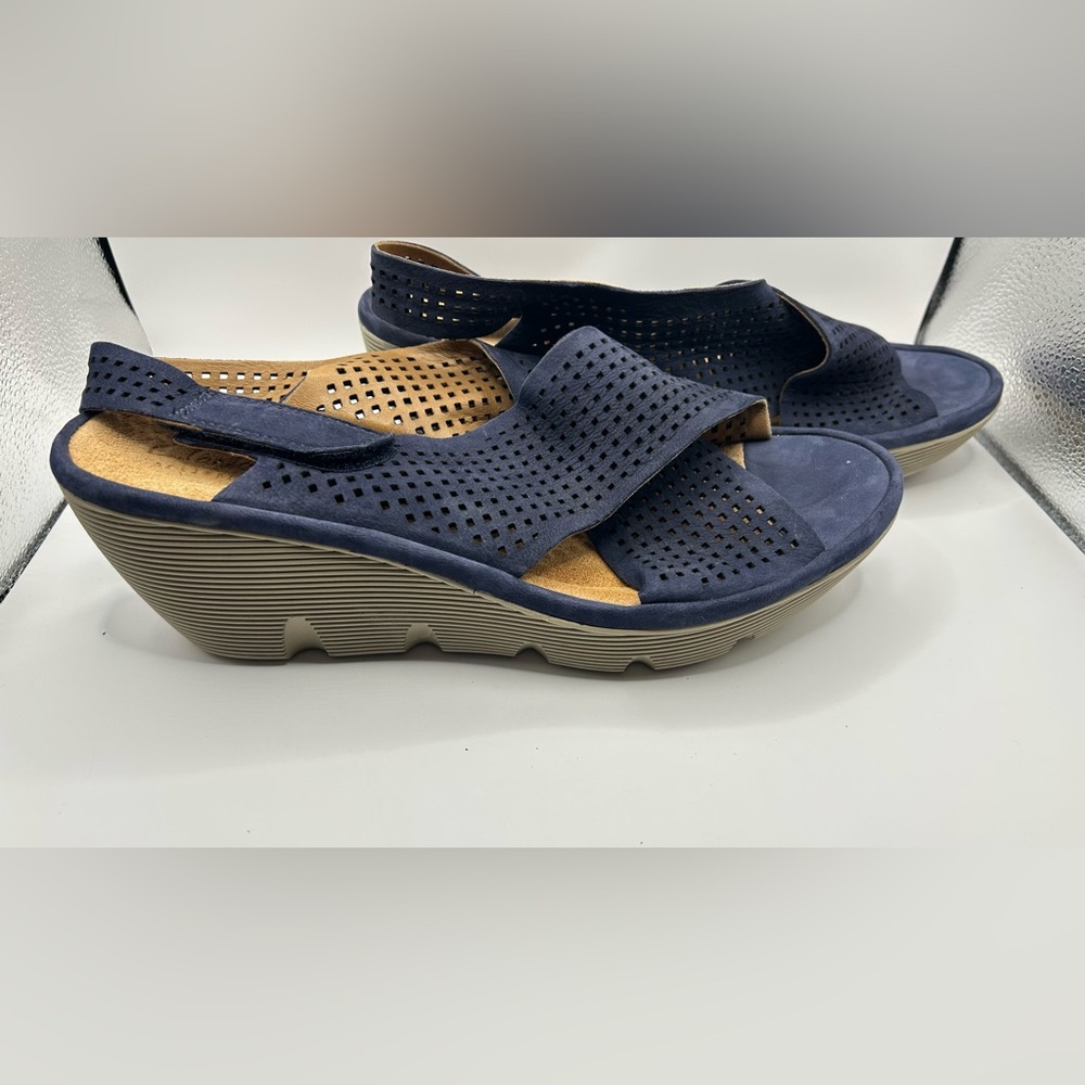 Clarks Navy Perforated Wedge Sandals